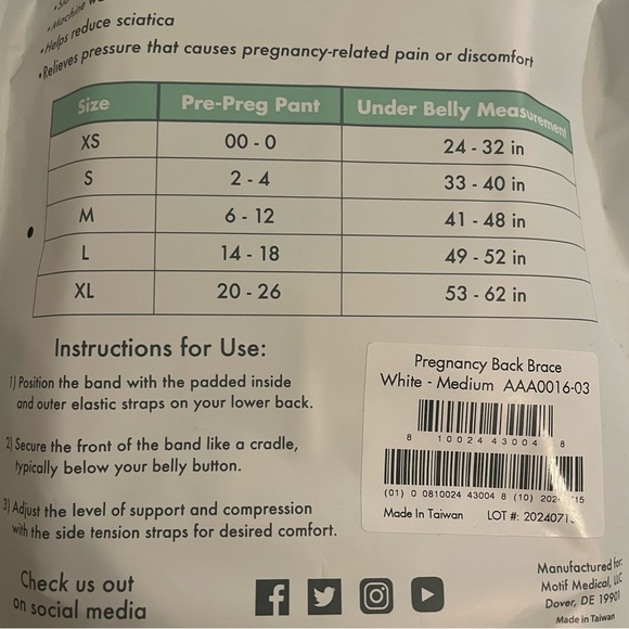 Motif Medical Pregnancy Back Brace Belly Band Support Medium White 6 8 10 12 M - Picture 6 of 7